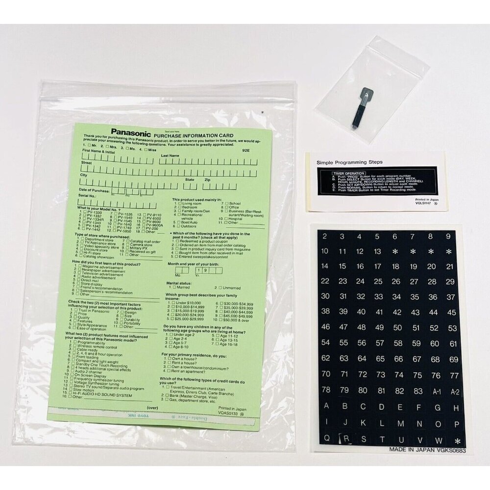 VTG PANASONIC VCR Remote Control Channel Numbers, Sticker, Tool, Warranty Card